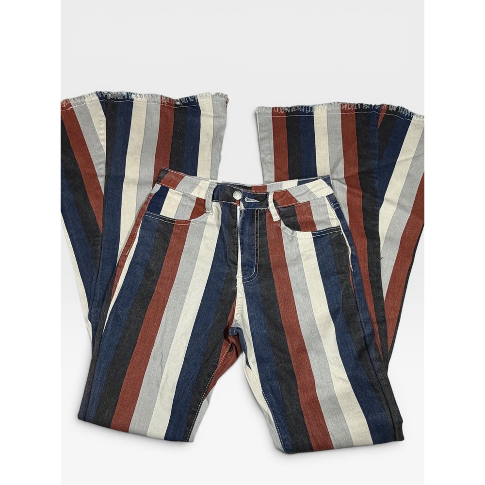 Saints & Hearts Striped Bell Bottom Jeans Flare Hippie Multi Color Boho Women Sm